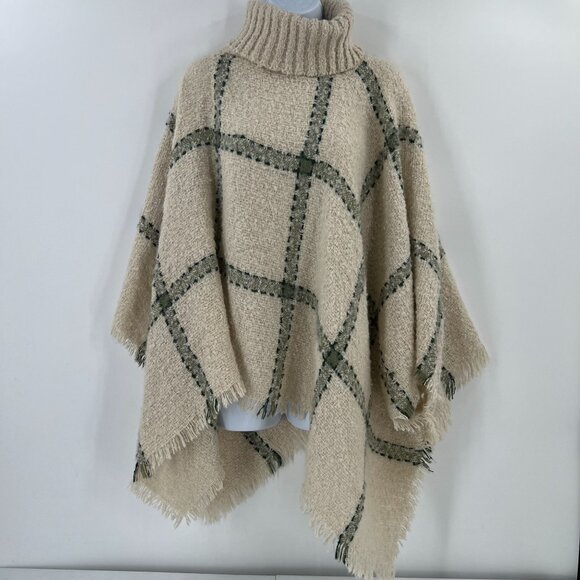 World Market OS Boucle Turtleneck Poncho Beige Sage Green Plaid Fringe Sweater - Picture 9 of 9